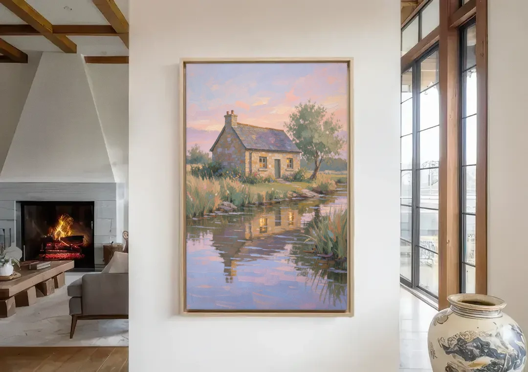 Stone Cottage Painting by the Evening Brook canvas wall art in a living room with a fireplace