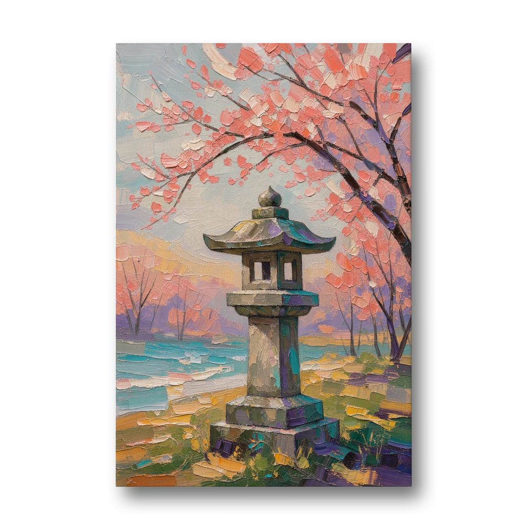 Japanese Stone Lantern Under Cherry Blossom - Canvas Wall Art - Front