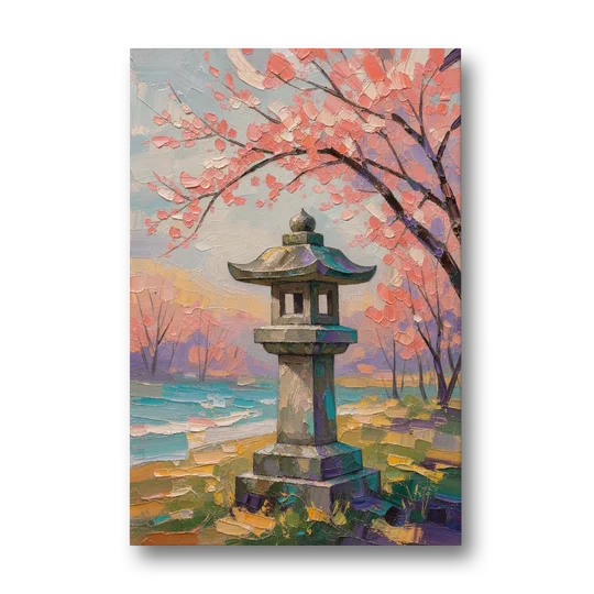Japanese Stone Lantern Under Cherry Blossom - Canvas Wall Art - Front