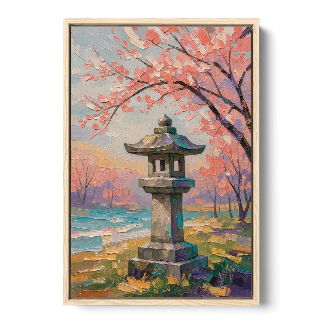 Japanese Stone Lantern Under Cherry Blossom - Oak Framed Canvas Wall Art - Front