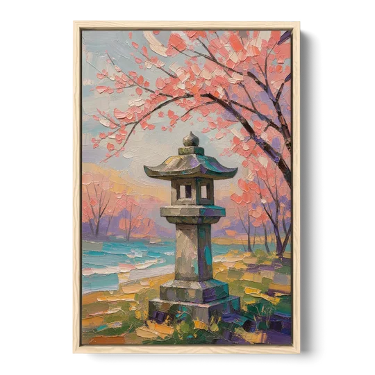 Japanese Stone Lantern Under Cherry Blossom - Oak Framed Canvas Wall Art - Front