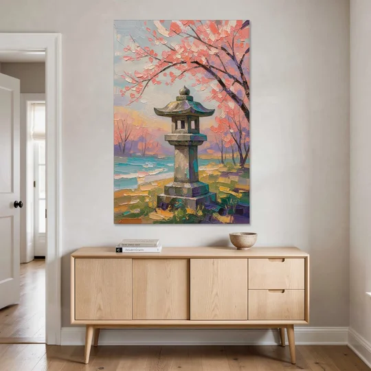Japanese Stone Lantern Under Cherry Blossom - Canvas Wall Art - Coffee Table - 40x60