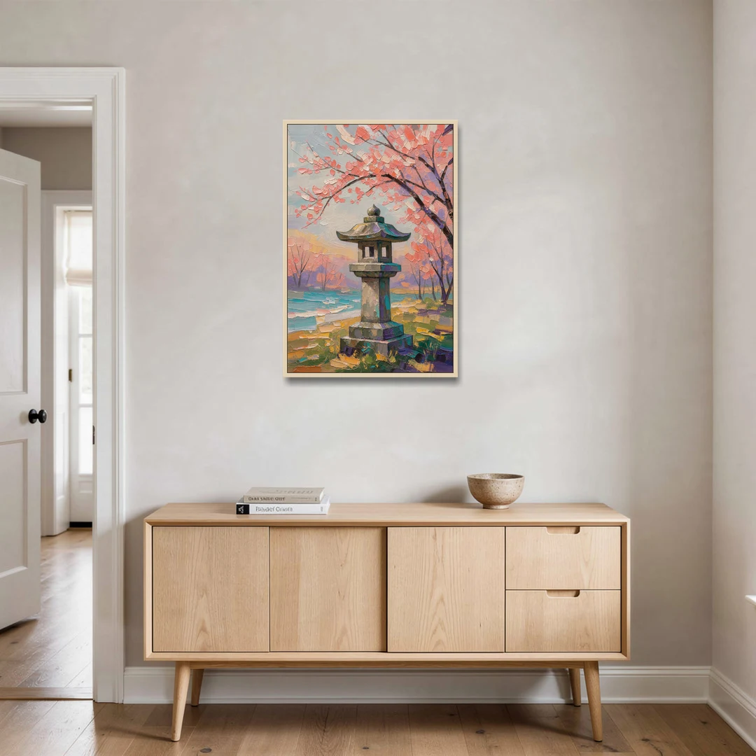 Japanese Stone Lantern Under Cherry Blossom - Oak Framed Canvas Wall Art - Coffee Table - 24x36