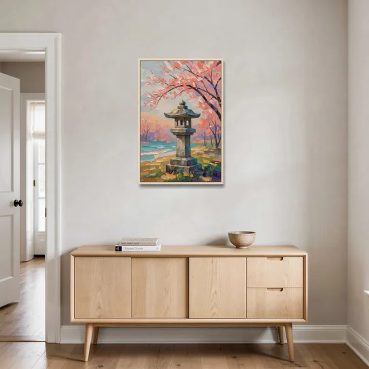 Japanese Stone Lantern Under Cherry Blossom - Oak Framed Canvas Wall Art - Coffee Table - 24x36