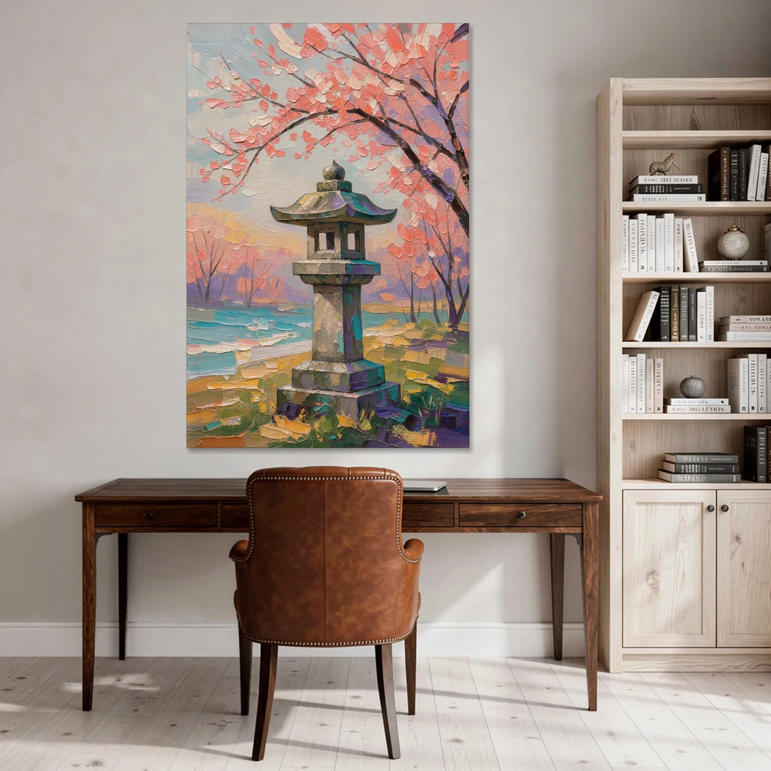 Japanese Stone Lantern Under Cherry Blossom - Canvas Wall Art - Office - 40x60