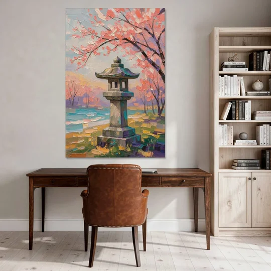 Japanese Stone Lantern Under Cherry Blossom - Canvas Wall Art - Office - 40x60