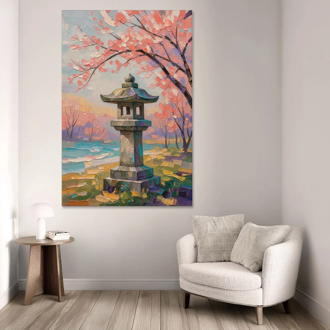 Japanese Stone Lantern Under Cherry Blossom - Canvas Wall Art - Sofa - 40x60