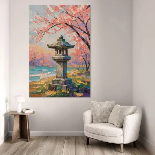 Japanese Stone Lantern Under Cherry Blossom - Canvas Wall Art - Sofa - 40x60