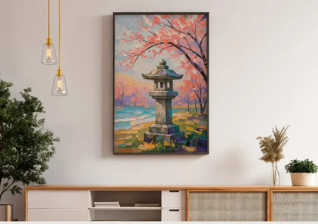 Japanese Stone Lantern Under Cherry Blossom canvas wall art above a wooden sideboard under pendant lights