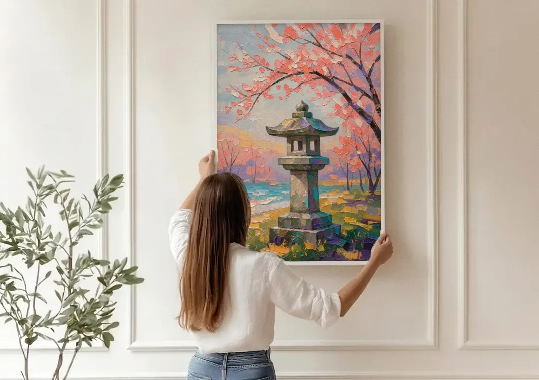 Japanese Stone Lantern Under Cherry Blossom canvas wall art being hung on a paneled wall