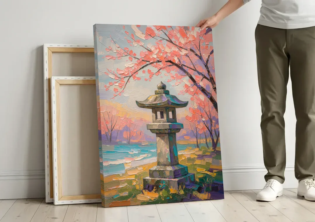 Japanese Stone Lantern Under Cherry Blossom canvas wall art leaning against a wall next to blank canvases