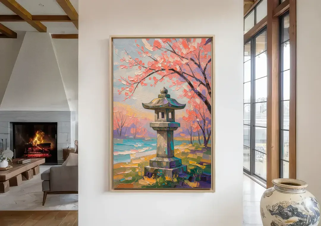 Japanese Stone Lantern Under Cherry Blossom canvas wall art in a living room with a fireplace