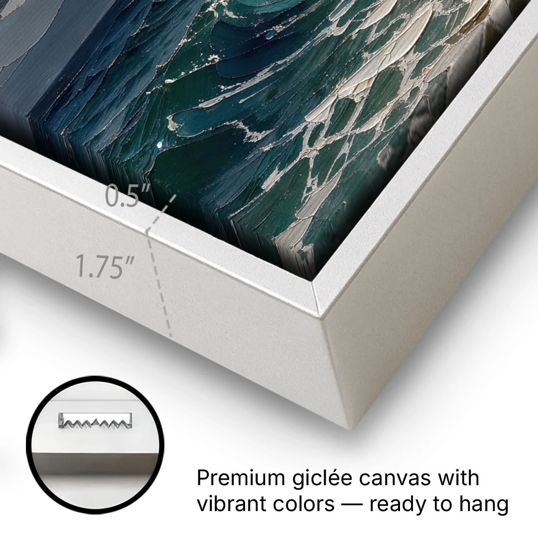 Stormy Sea Painting with Breaking Wave - White Framed Canvas Wall Art - Gallery Wrap Corner
