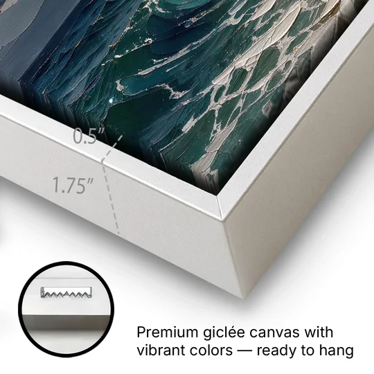 Stormy Sea Painting with Breaking Wave - White Framed Canvas Wall Art - Gallery Wrap Corner