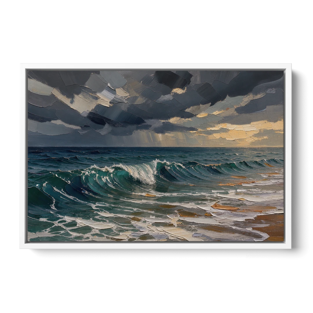Stormy Sea Painting with Breaking Wave - White Framed Canvas Wall Art - Front