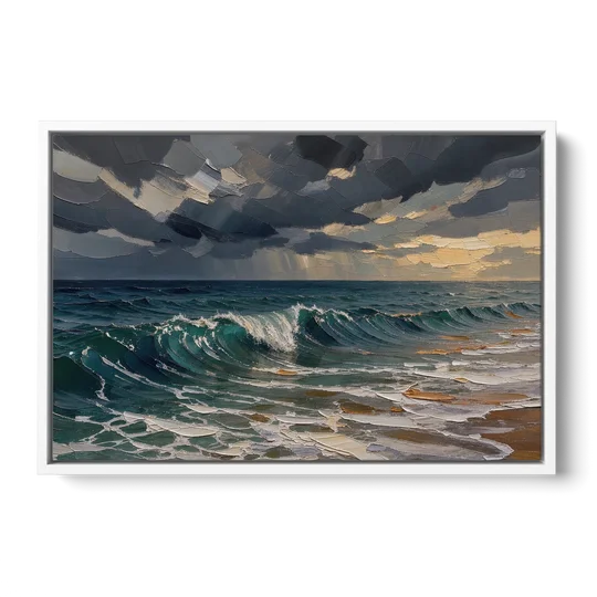 Stormy Sea Painting with Breaking Wave - White Framed Canvas Wall Art - Front