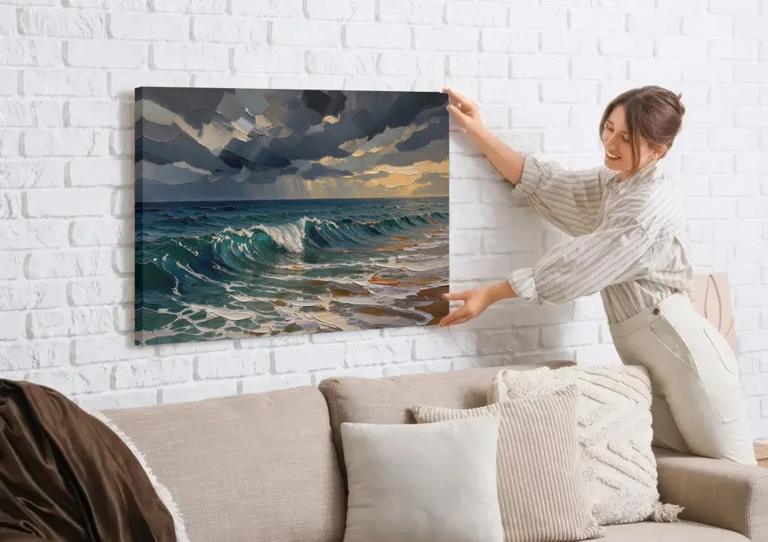 Stormy Sea Painting with Breaking Wave canvas wall art being hung on a white brick wall above a sofa