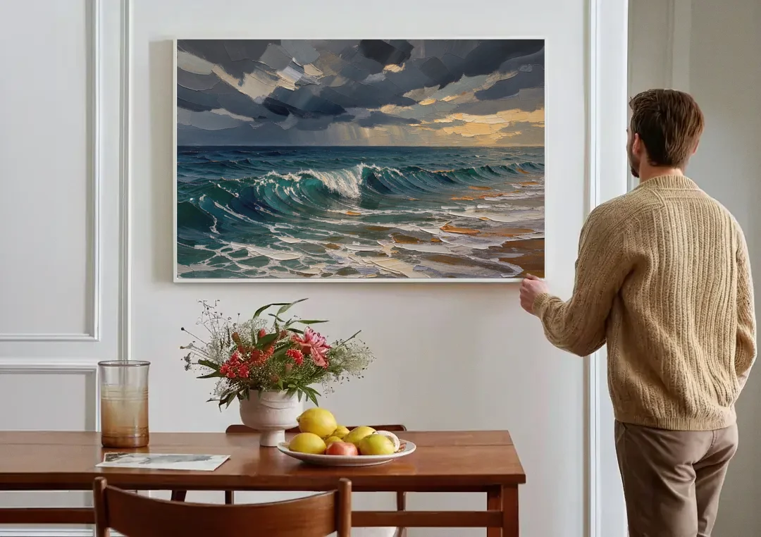 Stormy Sea Painting with Breaking Wave canvas wall art above a dining table