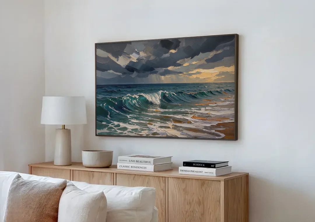 Stormy Sea Painting with Breaking Wave canvas wall art above a wooden sideboard next to a sofa