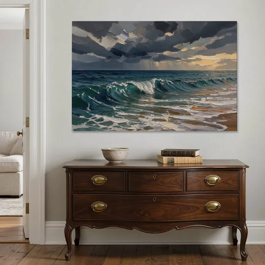 Stormy Sea Painting with Breaking Wave - Canvas Wall Art - Coffee Table - 60x40