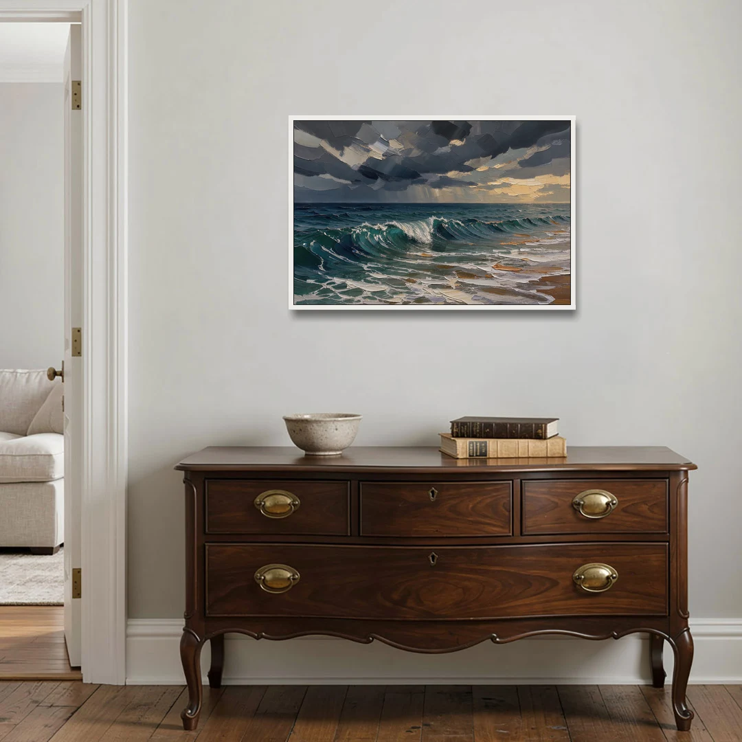 Stormy Sea Painting with Breaking Wave - White Framed Canvas Wall Art - Coffee Table - 36x24