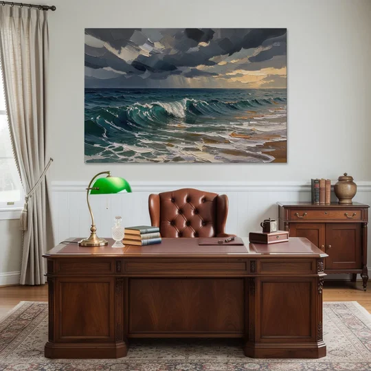 Stormy Sea Painting with Breaking Wave - Canvas Wall Art - Office - 60x40