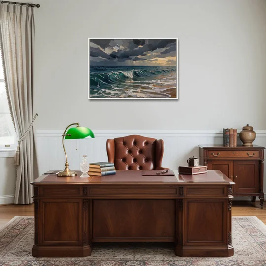 Stormy Sea Painting with Breaking Wave - White Framed Canvas Wall Art - Office - 36x24