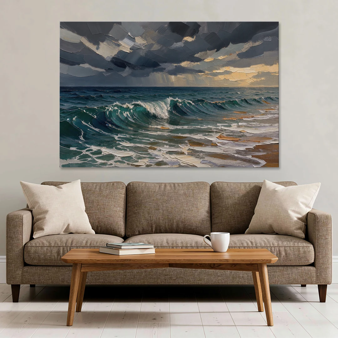 Stormy Sea Painting with Breaking Wave - Canvas Wall Art - Sofa - 60x40