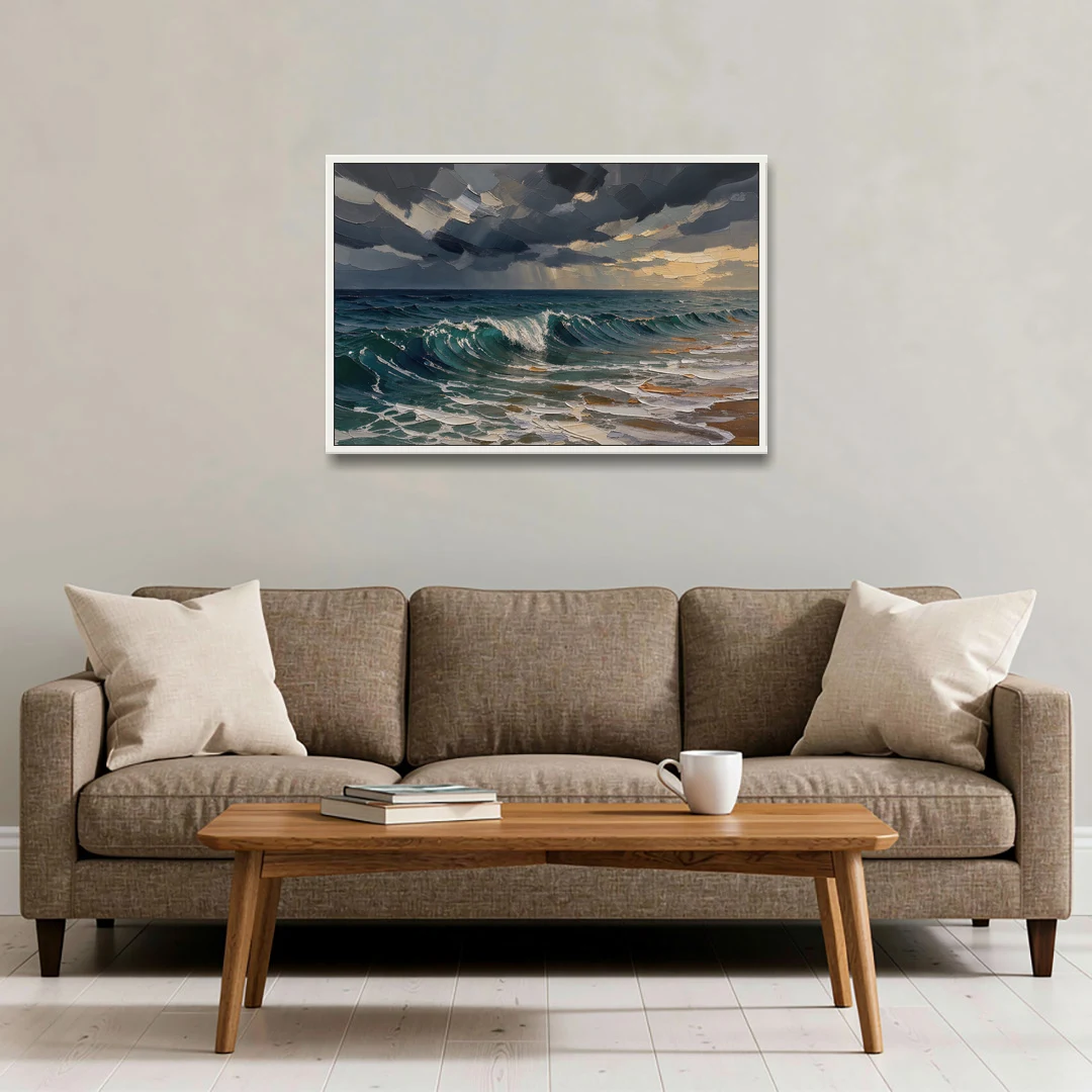 Stormy Sea Painting with Breaking Wave - White Framed Canvas Wall Art - Sofa - 36x24