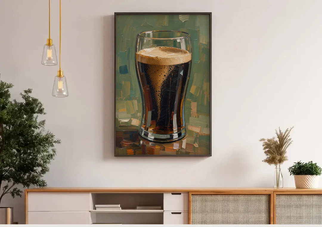 Stout Pint Settling with Cascading Bubbles canvas wall art above a wooden sideboard under pendant lights