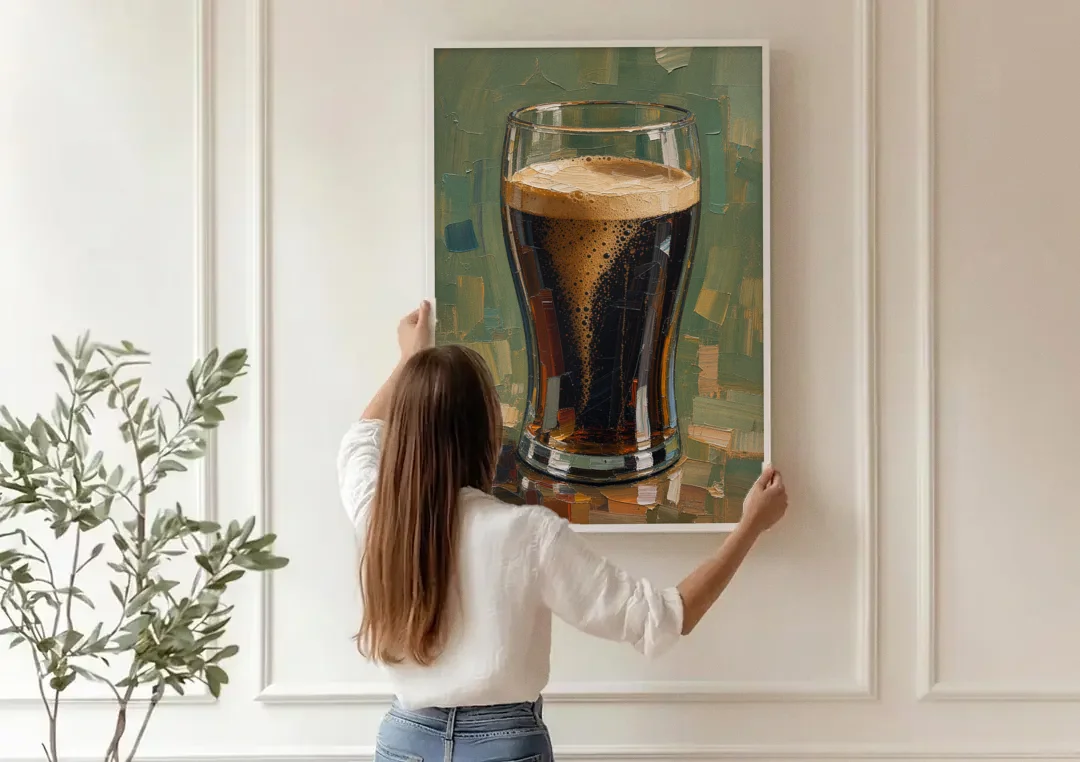 Stout Pint Settling with Cascading Bubbles canvas wall art being hung on a paneled wall