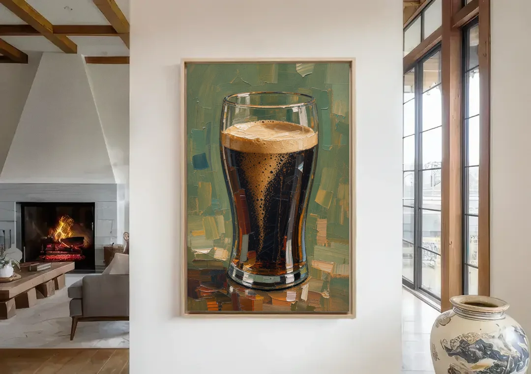 Stout Pint Settling with Cascading Bubbles canvas wall art in a living room with a fireplace