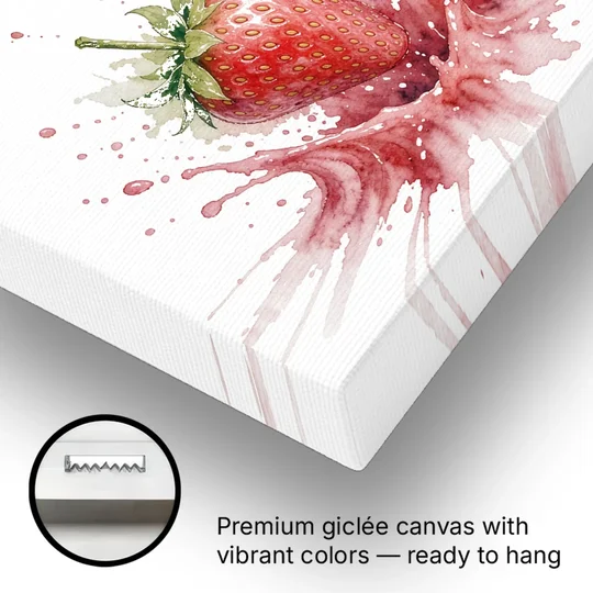 Strawberry Wall Art with Falling Berry Splash - Canvas Wall Art - Gallery Wrap Corner