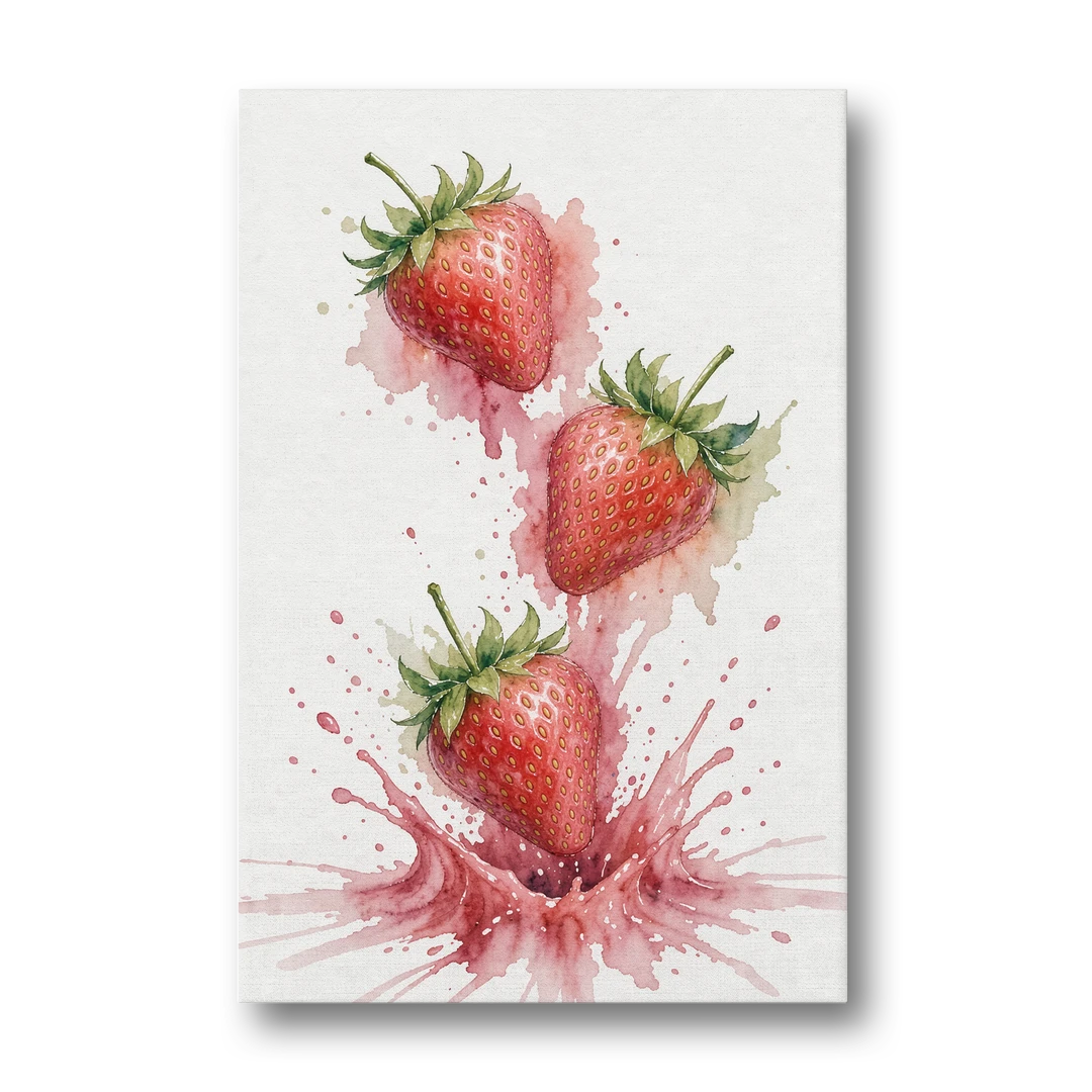 Strawberry Wall Art with Falling Berry Splash - Canvas Wall Art - Front
