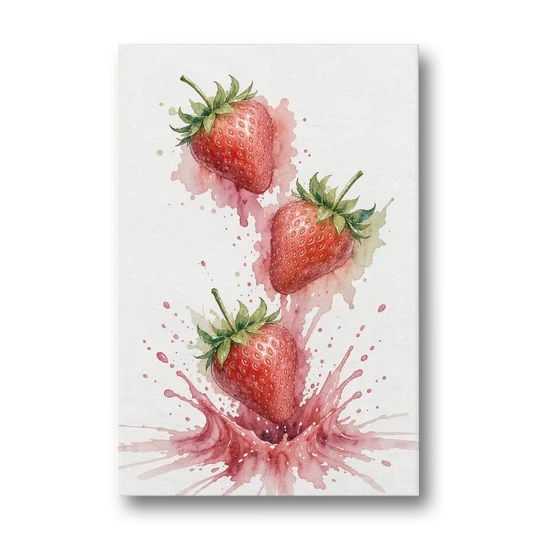 Strawberry Wall Art with Falling Berry Splash - Canvas Wall Art - Front