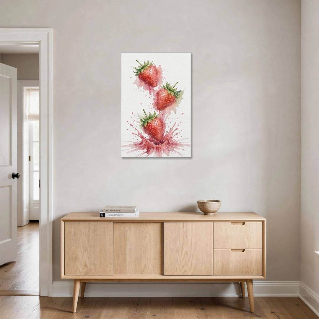 Strawberry Wall Art with Falling Berry Splash - Canvas Wall Art - Coffee Table - 24x36