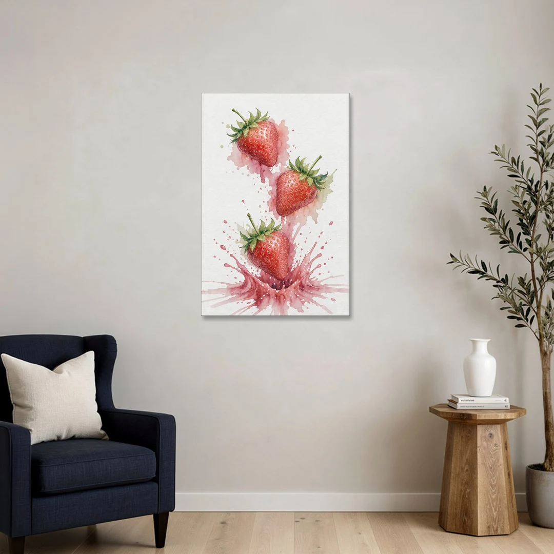 Strawberry Wall Art with Falling Berry Splash - Canvas Wall Art - Sofa - 24x36