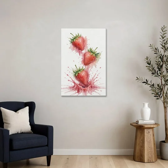 Strawberry Wall Art with Falling Berry Splash - Canvas Wall Art - Sofa - 24x36