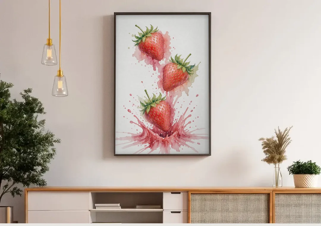 Strawberry Wall Art with Falling Berry Splash canvas wall art above a wooden sideboard under pendant lights