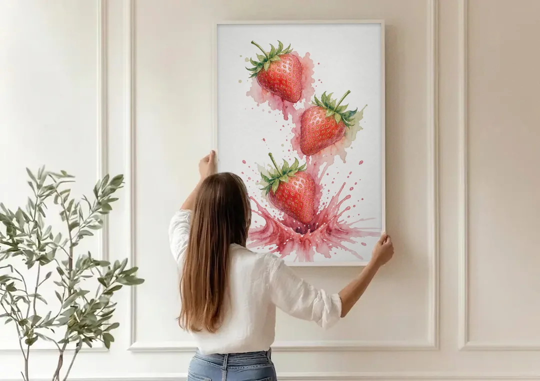 Strawberry Wall Art with Falling Berry Splash canvas wall art being hung on a paneled wall