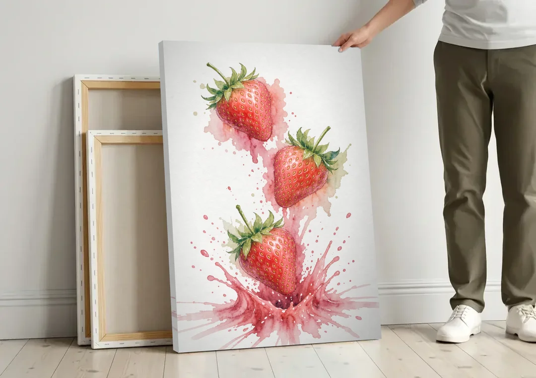 Strawberry Wall Art with Falling Berry Splash canvas wall art leaning against a wall next to blank canvases