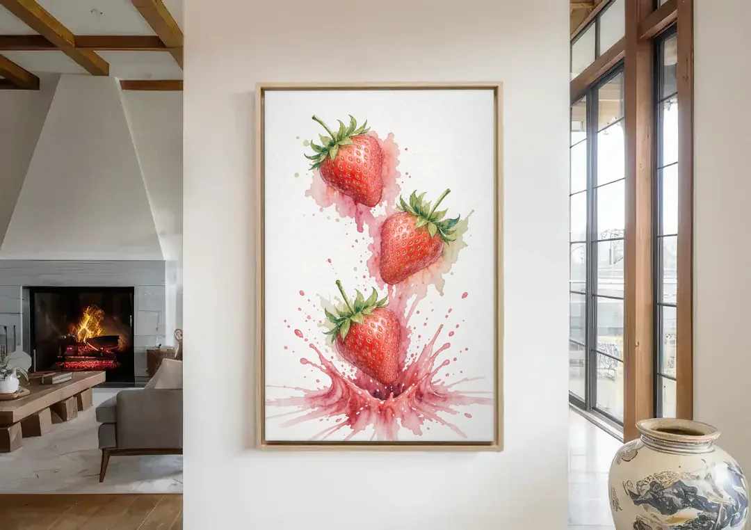 Strawberry Wall Art with Falling Berry Splash canvas wall art in a living room with a fireplace