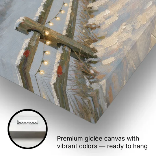 String Lights Wall Art on a Snowy Fence - Canvas Wall Art - Gallery Wrap Corner