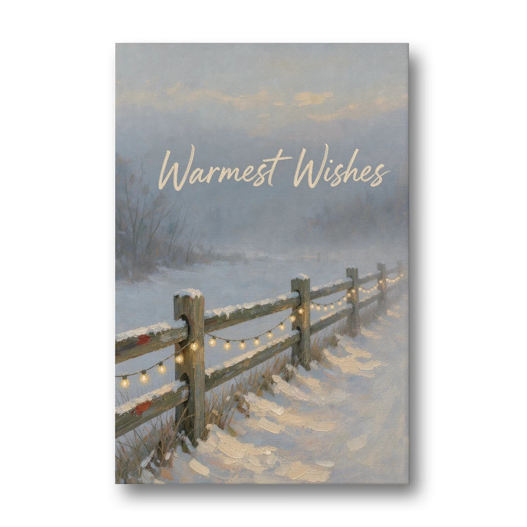 String Lights Wall Art on a Snowy Fence - Canvas Wall Art - Front