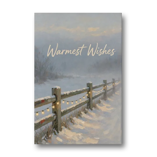 String Lights Wall Art on a Snowy Fence - Canvas Wall Art - Front
