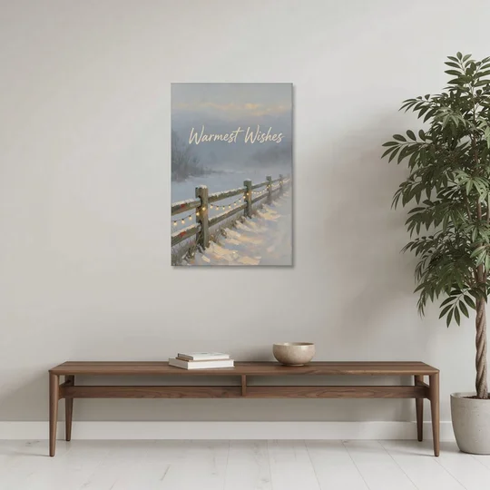 String Lights Wall Art on a Snowy Fence - Canvas Wall Art - Coffee Table - 24x36