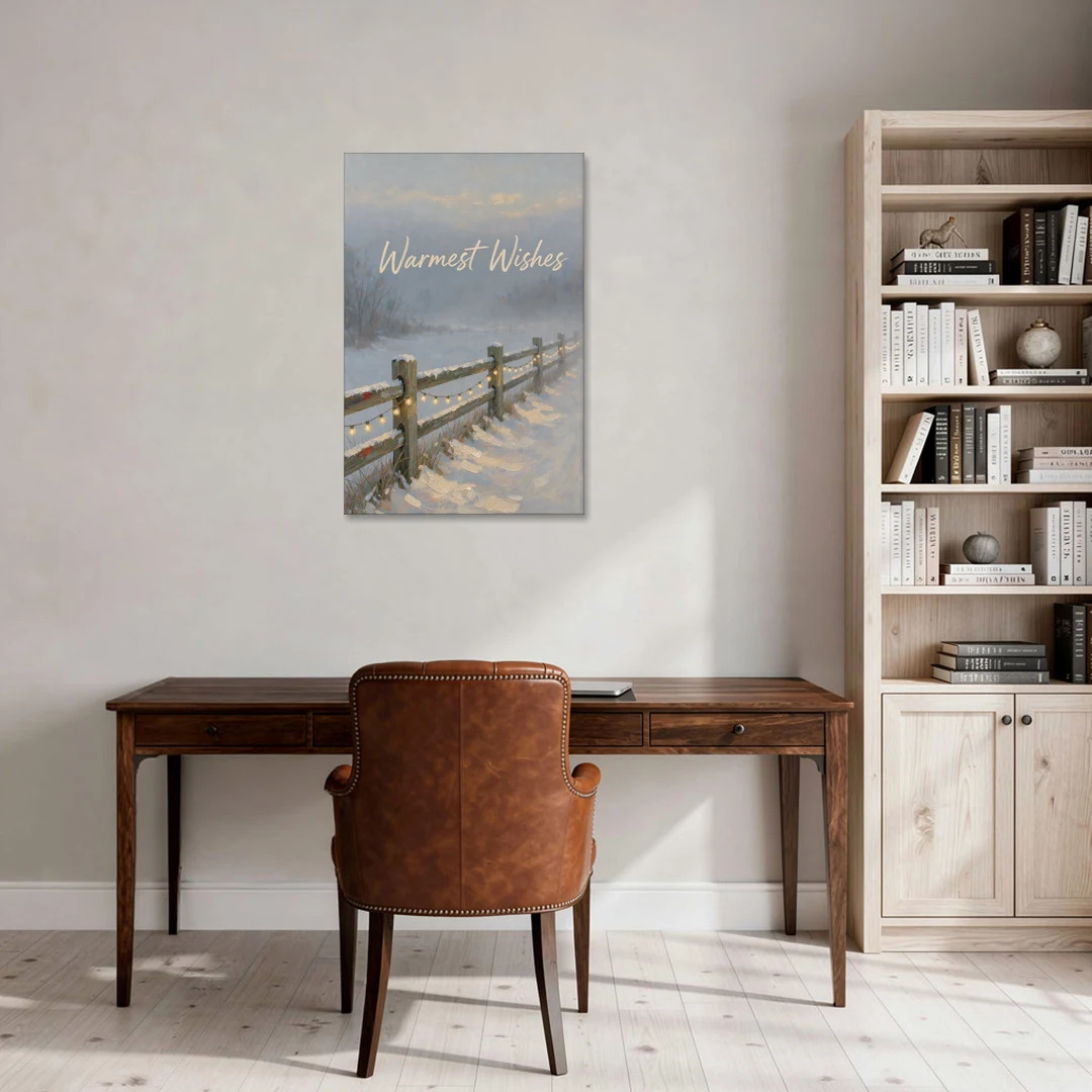 String Lights Wall Art on a Snowy Fence - Canvas Wall Art - Office - 24x36