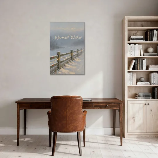 String Lights Wall Art on a Snowy Fence - Canvas Wall Art - Office - 24x36