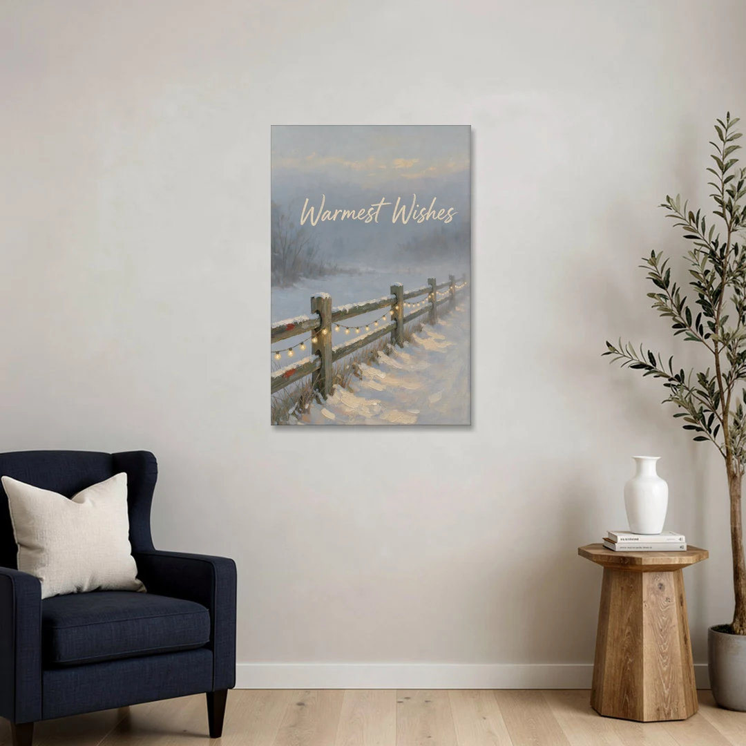 String Lights Wall Art on a Snowy Fence - Canvas Wall Art - Sofa - 24x36
