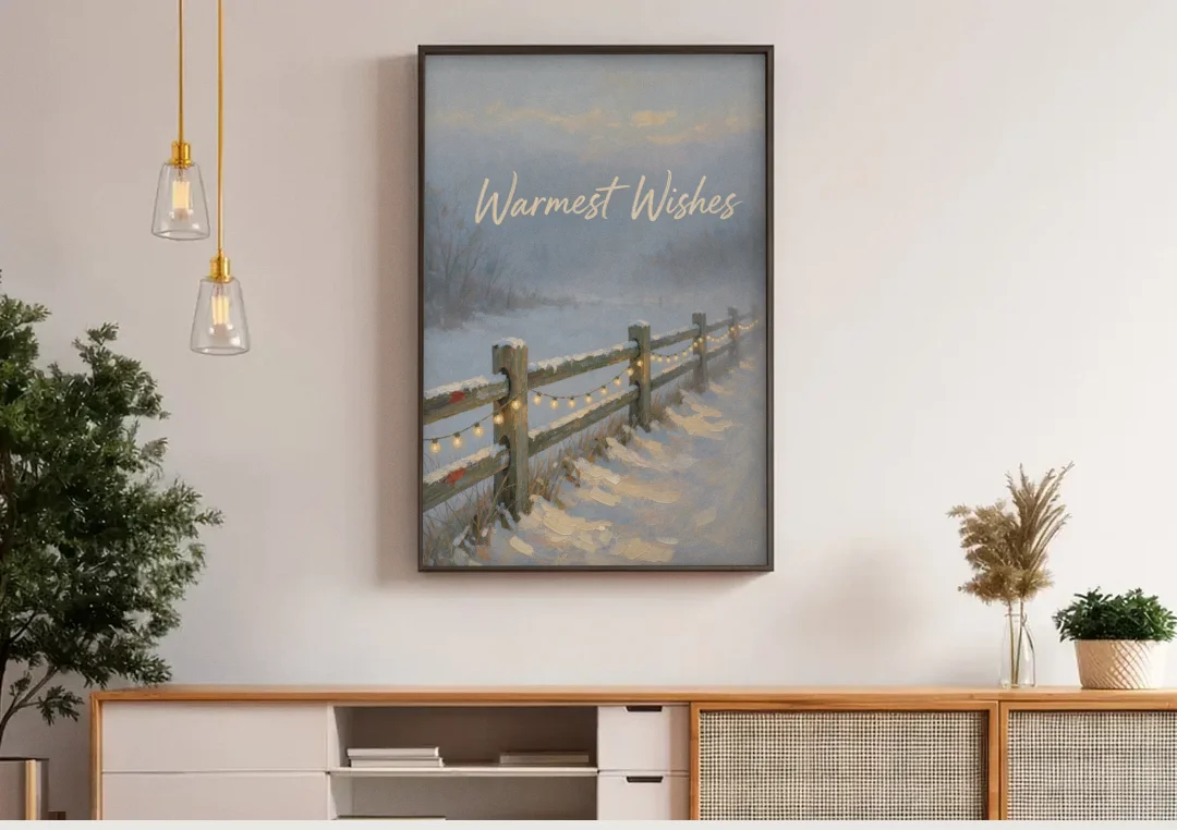 String Lights Wall Art on a Snowy Fence canvas wall art above a wooden sideboard under pendant lights